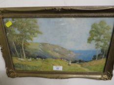 JOHN FULLWOOD A COASTAL WATERCOLOUR WITH A SHEPHERD AND HIS FLOCK 22.5 X 38 CM