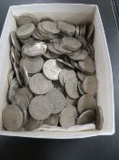 A BOX OF OLD SHILLING AND FLORIN COINS