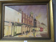 A FRAMED BIRMINGHAM SCHOOL OIL ON CANVAS DEPICTING BROAD STREET 45 X 58 CM SIGNED A T AVERY