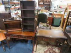 TWO REPRODUCTION MAHOGANY TABLES WITH MAGAZINE RACK, BOOKCASE ETC (5)