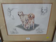 A FRAMED AND GLAZED NIGEL HEMMING PRINT OF GOLDEN RETRIEVERS (FOYER)