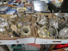 TWO TRAY OF ASSORTED SILVER PLATED WARE ETC TO INCLUDE A PAIR OF PHEASANTS , A SILVER HANDLE