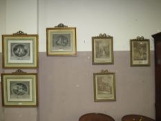 A HARLEQUIN SET OF SIX GILD FRAMED CLASSICAL FRENCH ENGRAVINGS