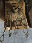 BRASS FIRE DOGS, COMPANION ITEMS AND A VINTAGE TIN HAT BOX