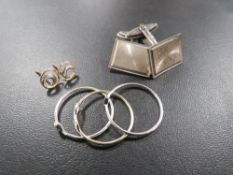 A PAIR OF 9CT GOLD EARRINGS STAMPED 375 TO P[POSTS, TOGETHER WITH A PAIR OF HALLMARKED SILVER CUFFLI
