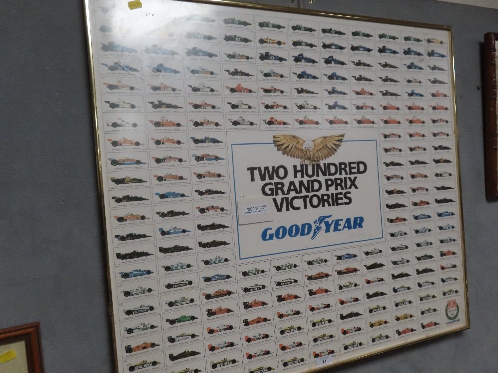 A FRAMED AND GLAZED LIMITED EDITION PRINT BY GRAHAM TURNER OF GOOD YEAR FORMULA ONE CARS ENTITLED