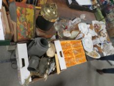 FIVE TRAYS OF CERAMICS GLASS, METAL WARE ETC
