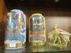 TWO GLASS CHEMIST STYLE JARS , ONE FOR ARROWROOT , OTHER FOR RHUBARB