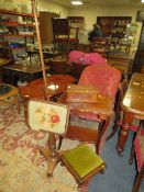 A CARVED OAK BOX, STOOL, POLE SCREEN AND EDWARDIAN TABLE (4)