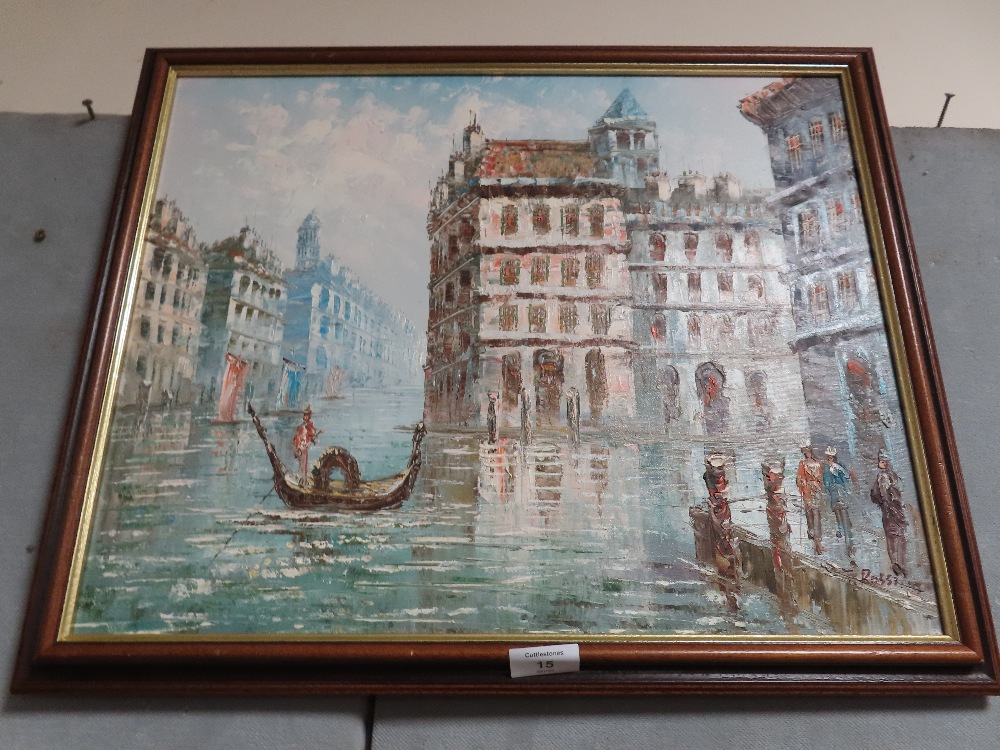 A FRAMED OIL ON CANVAS OF A VENETIAN SCENE SIGNED LOWER RIGHT F ROSSI
