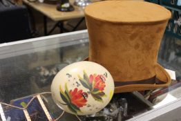 TWO TRAYS OF ASSORTED SUNDRIES TO INCLUDE TREEN, A TOP HAT, OSTRICH EGG ETC