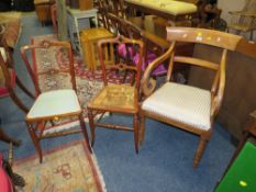 AN ANTIQUE MAHOGANY ARMCHAIR PLUS TWO BEDROOM CHAIRS