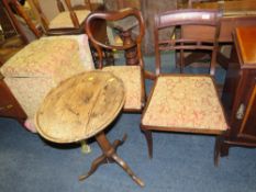 AN ANTIQUE OAK PEDESTAL TABLE A/F TOGETHER WITH FOUR ASSORTED ANTIQUE AND LATER OCCASIONAL CHAIRS