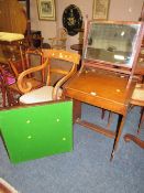 A SMALL VINTAGE OAK DESK, CARD TABLE AND DRESSING MIRROR (3)