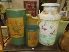A VINTAGE PAINTED MILK CHURN PLUS TWO METAL BINS