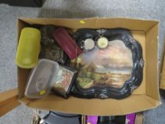 A TRAY OF SUNDRIES TO INCLUDE A MOTHER OF PEARL INLAID TRAY