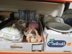 TWO TRAYS OF ASSORTED CERAMICS TO INCLUDE CHEESE DISHES, VASES ETC