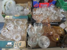 FOUR SMALL TRAYS OF ASSORTED GLASSWARE TO INCLUDE DRESSING TABLE ITEMS