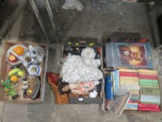 THREE TRAYS OF SUNDRIES TO INCLUDE BOOKS, DOLLS AND CERAMICS TOGETHER WITH A JOHN WAYNE COMPLETE BOX
