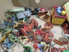 A LARGE SELECTION OF VINTAGE TIMPO WILD WEST FIGURES, INDIANS, CARRIAGES`, AIRFIX FIGURES ETC