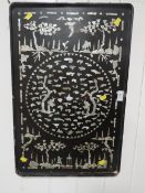 AN ORIENTAL TYPE EBONISED TRAY WITH MOTHER OF PEARL INLAY AND DRAGON DETAIL A/F