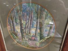A FRAMED AND GLAZED CIRCULAR WATERCOLOUR 