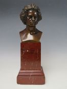 A 19TH CENTURY BRONZE STUDY OF LUDWIG VAN BEETHOVEN ON A MARBLE BASE, overall H 29 cm