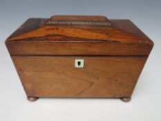 A 19TH CENTURY ROSEWOOD SARCOPHAGUS TEA CADDY, with two compartments, H 16 cm, W 23 cm, D 13 cm