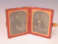 A 19TH CENTURY CASED AMBROTYPE DOUBLE PORTRAIT OF TWO SEATED GENTLEMEN, image 9 x 6.5 cm, case 12