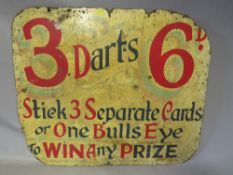 A VINTAGE PAINTED FAIRGROUND SIGN ON CARDBOARD '3 DARTS FOR 6d', unframed, 63 x 76 cm