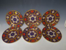 SIX CAVERSWALL BONE CHINA ROMANY PATTERN IMARI PATTERN DINNER PLATES, with 22ct gold gilding, Dia.