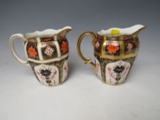 TWO ROYAL CROWN DERBY IMARI PATTERN MILK JUGS, H 16 cm