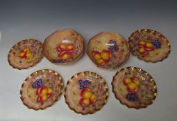 A PAIR OF HAND PAINTED OCTAGONAL FRUIT DESIGN BOWLS, together with five fluted edges plates , all in