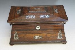 A LARGE ANGULAR TEA CADDY WITH MOTHER OF PEARL INLAY, sat on four turned feet, W 34 cm