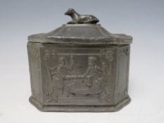 A 19TH CENTURY LEAD TOBACCO BOX WITH TAMPER, H 12 cm, L 12 cm, D 8 cm