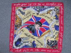 WORLD WAR II PROPAGANDA SCARF WITH CENTRAL PORTRAIT OF CHURCHILL BY FILMYRA FABRICS, approximately