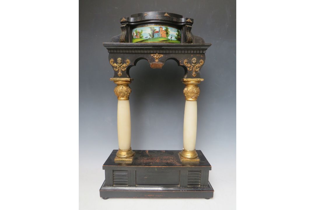 A 19TH CENTURY EUROPEAN STYLE DECORATIVE ARCH PORTICO CLOCK CASE, H 58 cm, base W 36 cm - Image 1 of 2