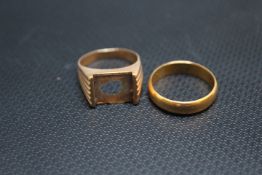 A HALLMARKED 22 CARAT GOLD WEDDING BAND, approx weight 5.08g, together with a ring stamped FE 585
