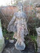 A LARGE STONE STATUE OF A LADY WITH A BASKET OF FRUIT IN HER LEFT HAND, H 152 cm (Note - Heavy)