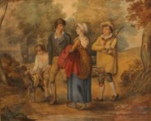 (XVIII-XIX). English school, study of four figures and a dog in wooded landscape, unsigned,
