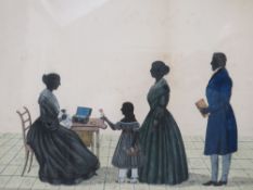 (XIX). An interior scene with three adults and one child in silhouette, unsigned, watercolour,