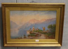 J. JOHNSON (XIX). A lakeland scene at Llyn Ogwen with figures, dog and boat, see inscription