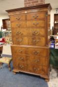 A GEORGIAN MAHOGANY CHEST ON CHEST, the upper section with two short above three longer graduated