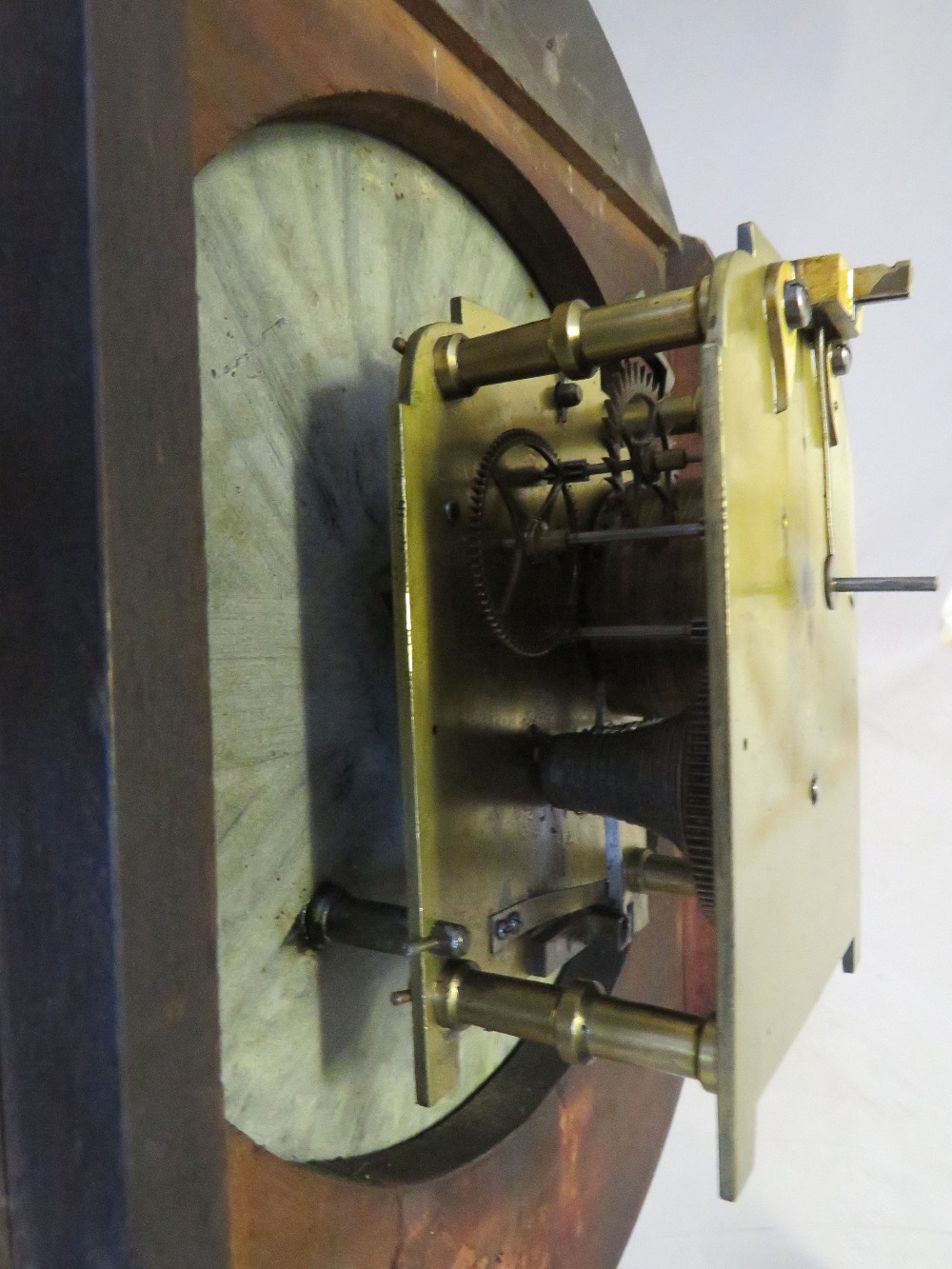 A 19TH CENTURY MAHOGANY CIRCULAR WALL CLOCK WITH SINGLE FUSEE MOVEMENT, Dial Dia. 12" A/F - Image 3 of 6