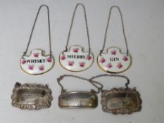 THREE VINTAGE HALLMARKED DECANTER LABELS, whisky, sherry and cointreau, together with three Royal