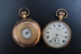 A 14K CASED SMALL HALF HUNTER FOB WATCH, together with a gold plated Waltham example, Dia 3.25 cm (