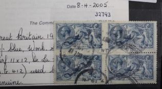 POSTAGE STAMPS - S.G. 412 1915 10/= SEAHORSE DE LA RUE PRINTING, FU block of 4, with Brandon