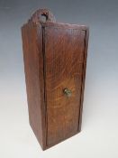 A 19TH CENTURY OAK HANGING CANDLE BOX, H 16 cm, W 11 cm, D 10 cm