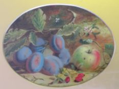 F.B. (XIX-XX). British school oval still life study of fruit on a mossy bank, signed with monogram
