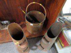 A COOPER BANDED COAL BUCKET TOGETHER WITH TWO COAL HODS